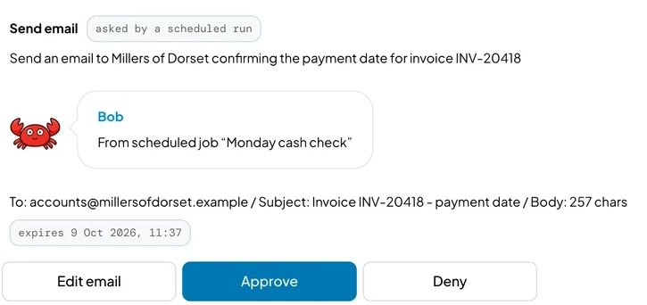 Approval card: Bob asks to send an email to Millers of Dorset confirming the payment date for invoice INV-20418, with Edit email, Approve and Deny buttons.