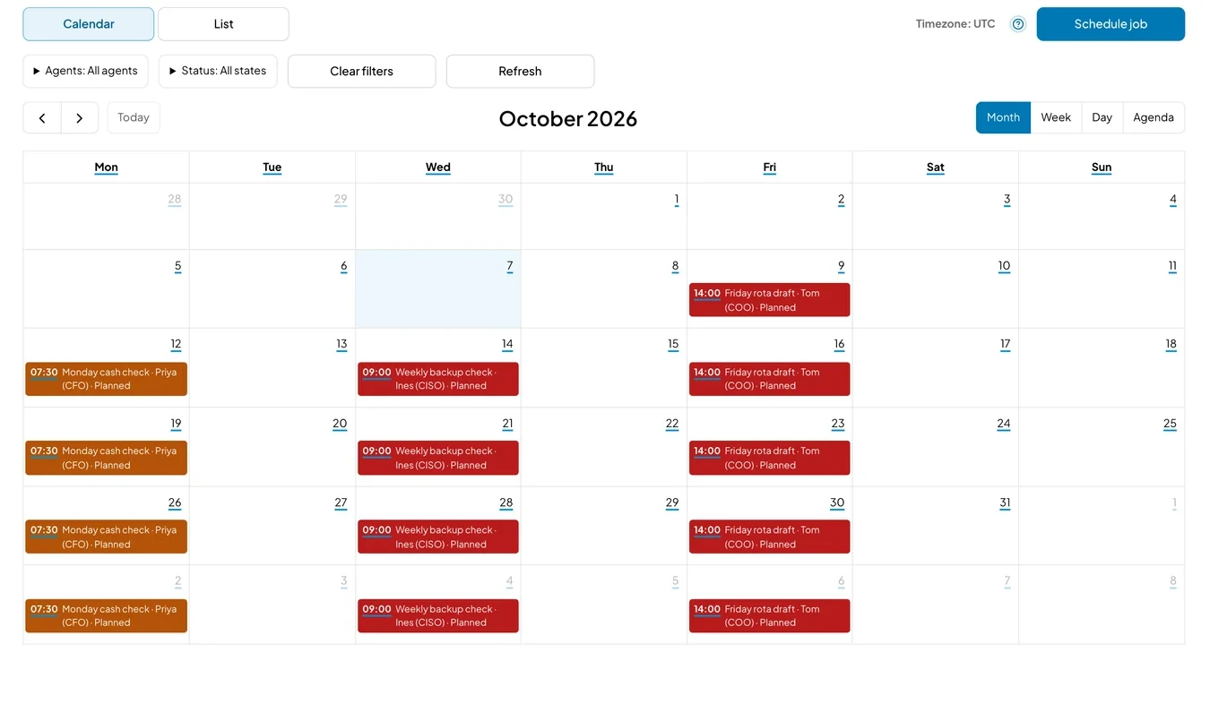 October calendar of scheduled jobs: a Monday cash check at 07:30, a weekly backup check on Wednesdays at 09:00 and a Friday rota draft at 14:00.